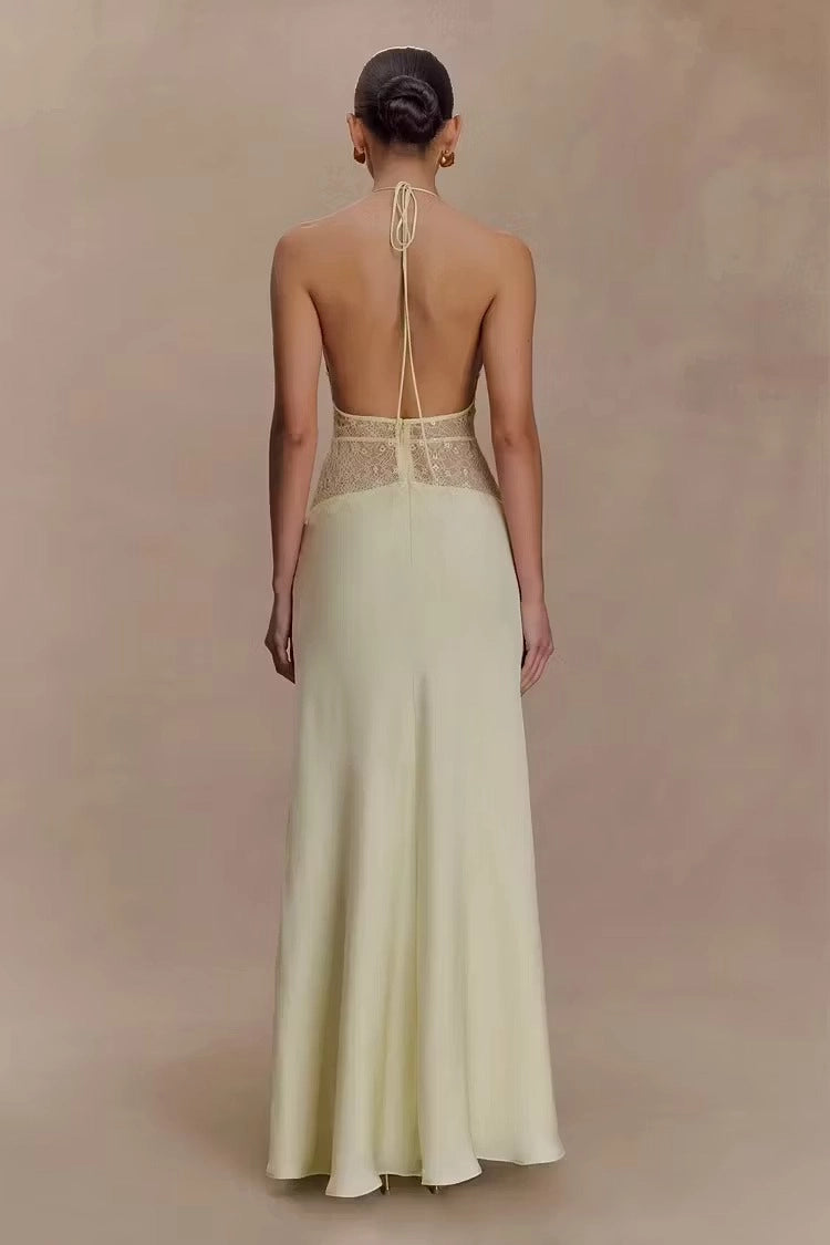 Ivory halter wedding guest dress with V-neckline lace waist panel and floor-length A-line silhouette by Vedress